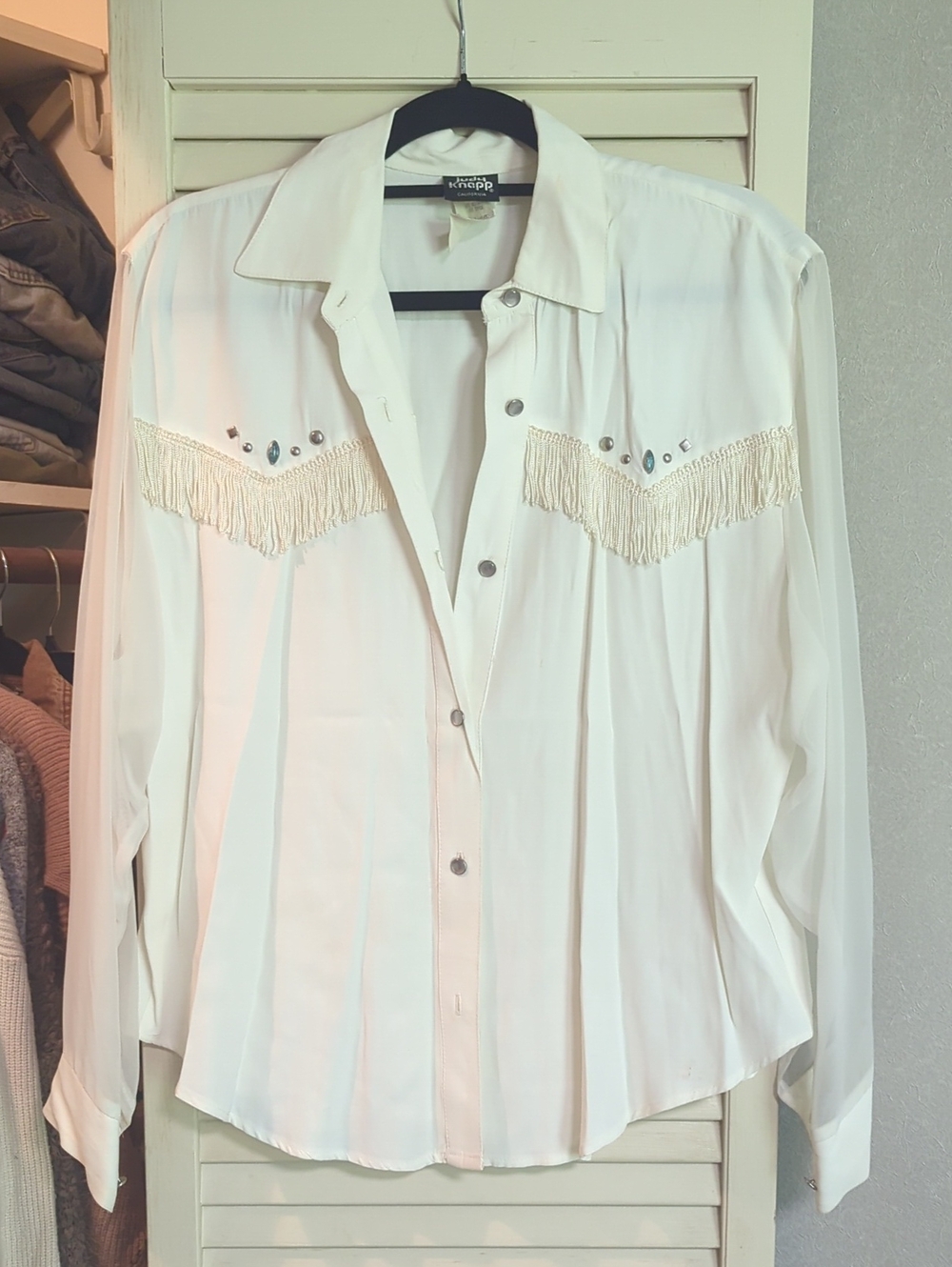 Women's White Vintage Fringe Button-Down Shirt with Stud Accents